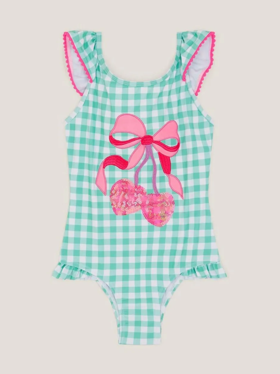 Monsoon Green Sequin Cherry Gingham Swimsuit Outlet
