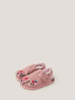 Monsoon Pink Faux Fur Floral Embroidered Clogs New