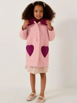 Monsoon Pink Heart Boucle Faux Fur Collar Coat Outlet
