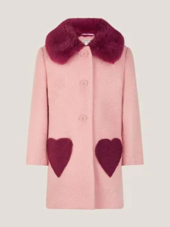 Monsoon Pink Heart Boucle Faux Fur Collar Coat Outlet
