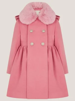 Monsoon Pink Natalia Faux Collar Double Breasted Coat Hot