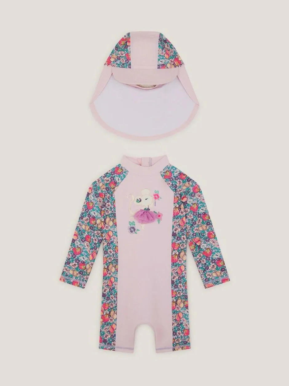 Monsoon Pink Shell Print UPF50+ Sunsafe Suit & Sun Hat Set Hot