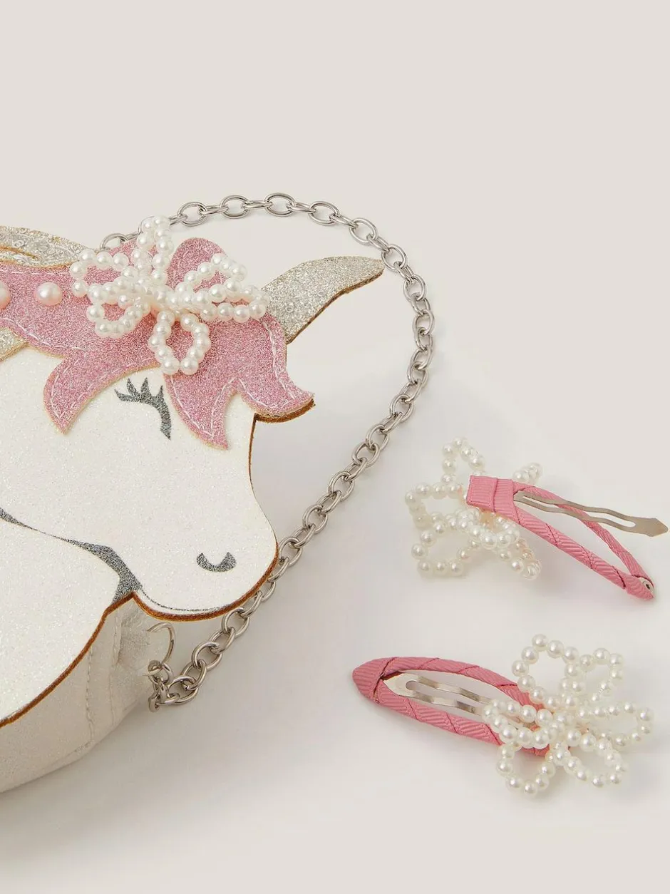 Monsoon White Glitter Unicorn Bag & Pearly Hair Clips Set Sale