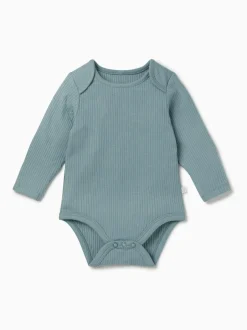Mori Ribbed Stretch Long Sleeve Envelope Neckline Bodysuit Blue Sale
