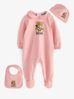 Moschino Baby Logo Sleepsuit, Hat & Bib Giftset With Giftbox Pink New