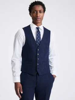 MOSS Slim Donegal Tweed Suit Waistcoat Blue Clearance