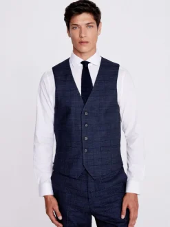 MOSS Navy Black Check Regular Fit Suit Waistcoat