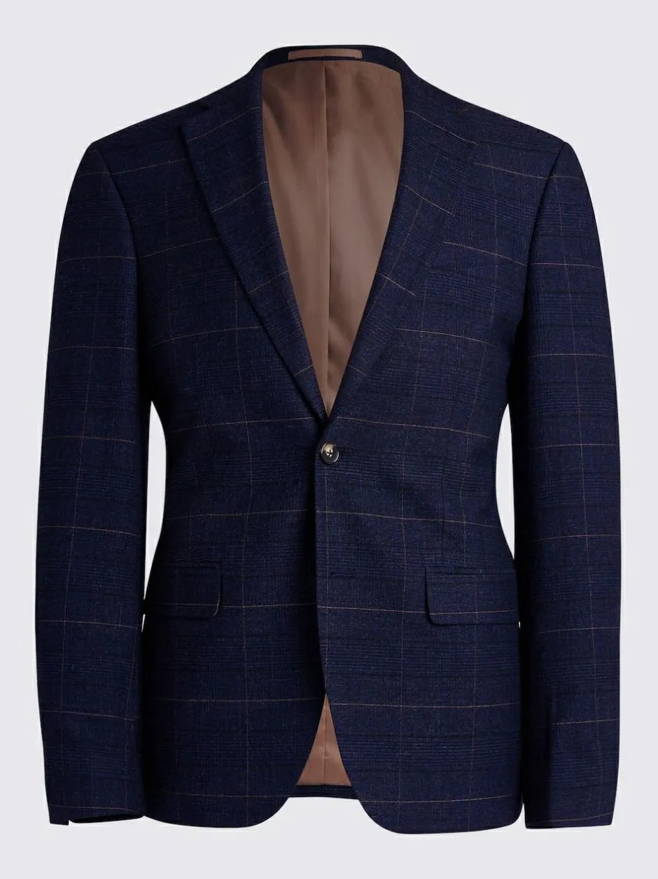 MOSS Navy Black Check Slim Regular Fit Suit Jacket