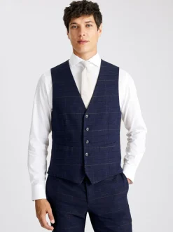 MOSS Navy Black Check Tailored Regular Fit Suit Waistcoat Hot