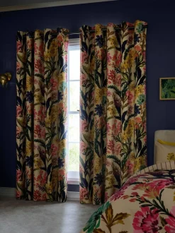 Next Multi Bold Floral Print Touch of Linen Blackout Thermal Eyelet Curtains Clearance