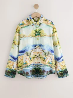 Next Multi Scenic Print Relaxed Long Sleeve Shirt With Linen Clearance