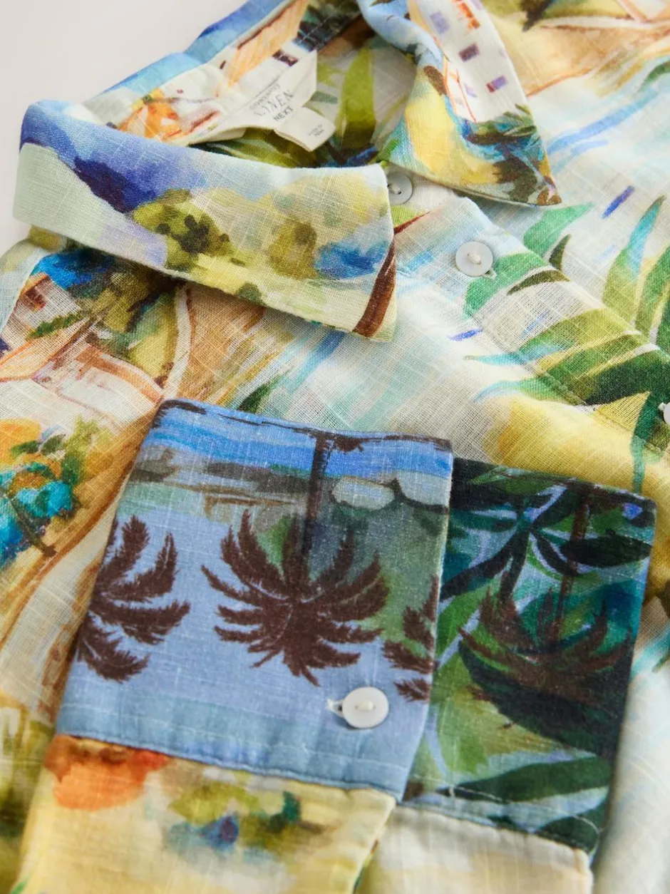 Next Multi Scenic Print Relaxed Long Sleeve Shirt With Linen Clearance