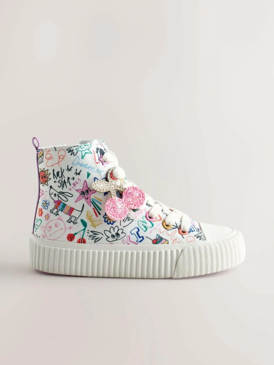 Next Multi Sketchy Print Standard Fit (F) Lace Up High Top Trainers