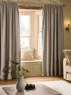 Next Brushed Herringbone Pencil Pleat Blackout Thermal Curtains Natural