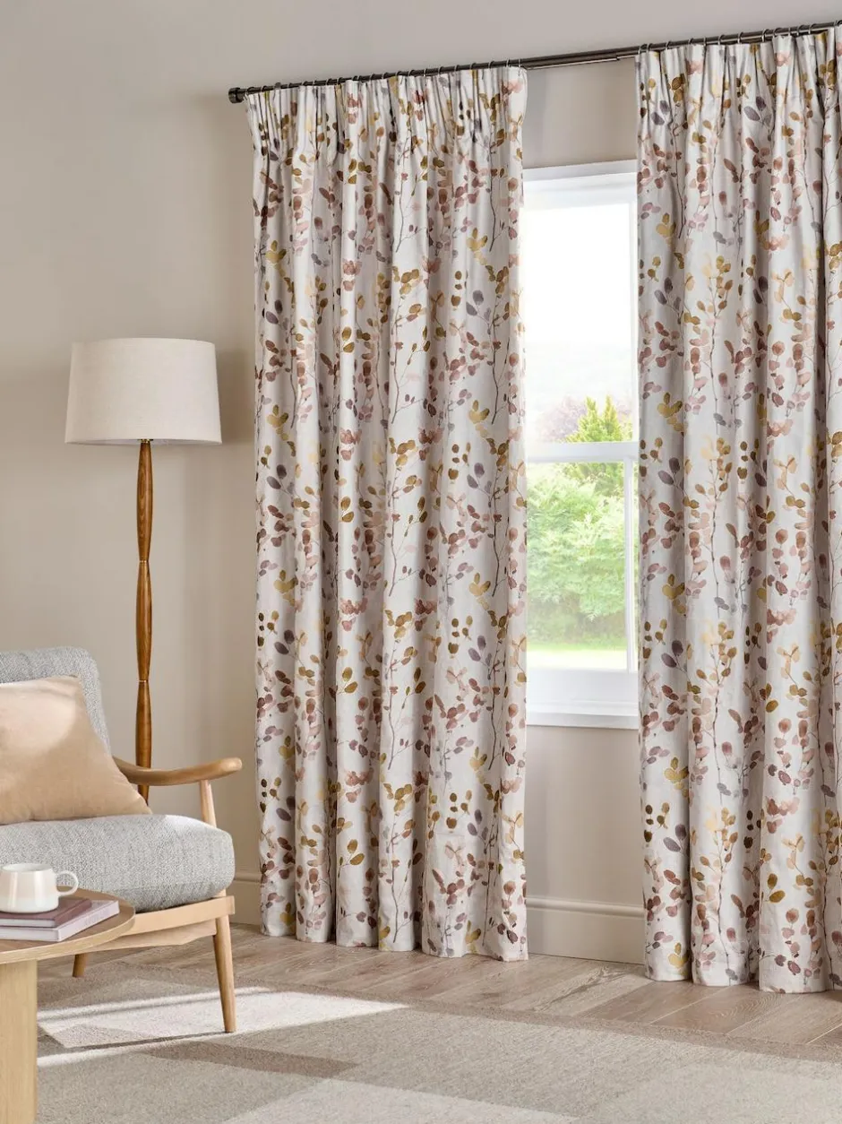 Next Honesty Leaf Floral Print Blackout/Thermal Pencil Pleat Curtains Natural/Orange Discount