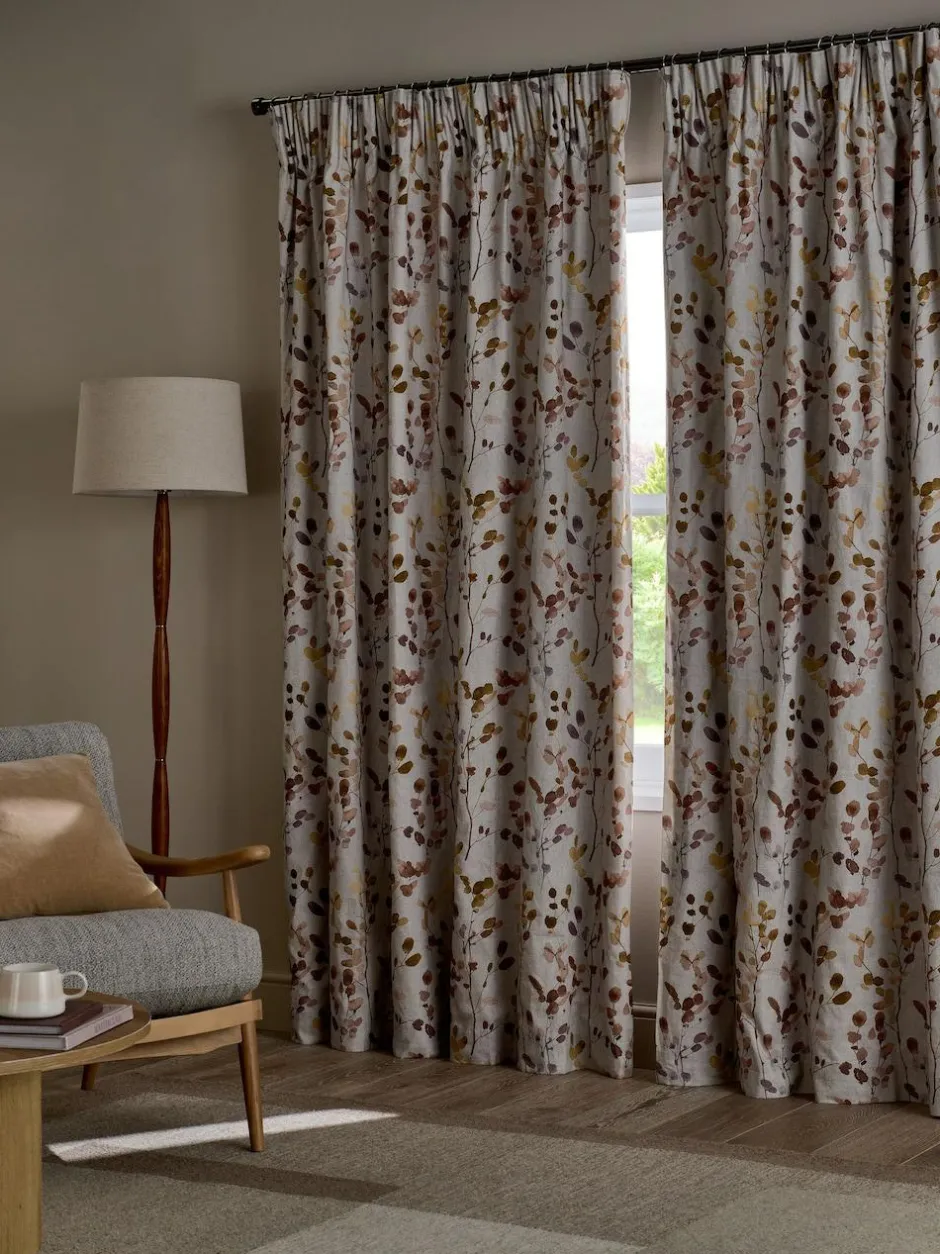 Next Honesty Leaf Floral Print Blackout/Thermal Pencil Pleat Curtains Natural/Orange Discount