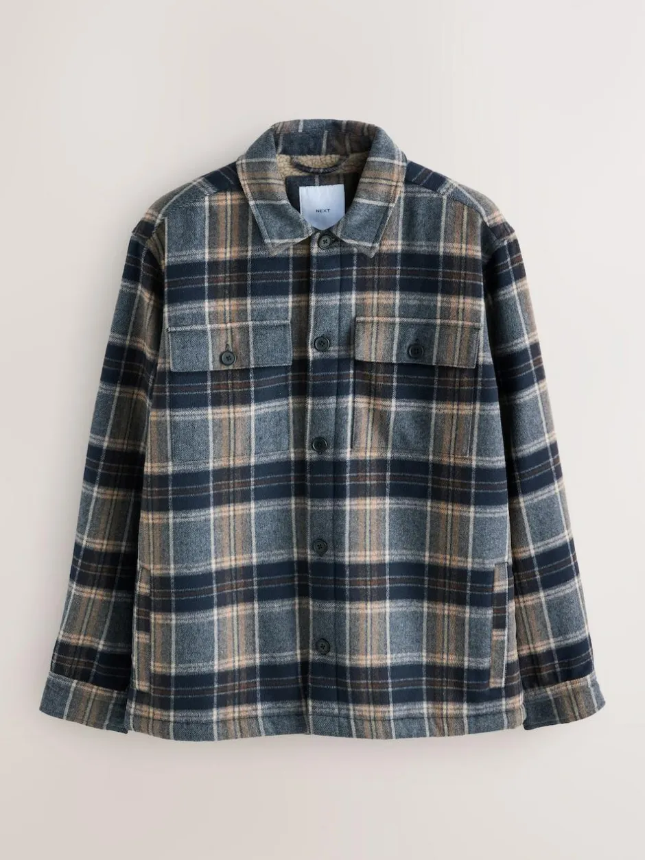 Next Navy Blue Borg Lined Check Shacket Discount