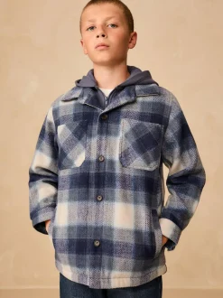 Next Borg Lined Hooded Check Shacket (3-16yrs) Navy Blue Sale