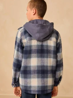 Next Borg Lined Hooded Check Shacket (3-16yrs) Navy Blue Sale