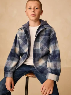 Next Borg Lined Hooded Check Shacket (3-16yrs) Navy Blue Sale