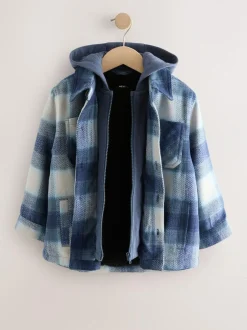 Next Borg Lined Hooded Check Shacket (3-16yrs) Navy Blue Sale