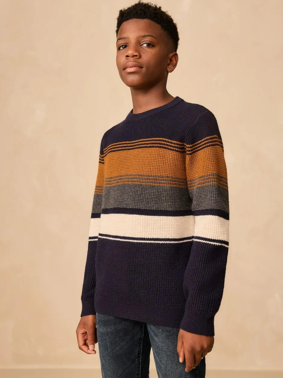 Next Colourblock Stripe Crew Neck Knitted Jumper (3-16yrs) Navy Blue Hot