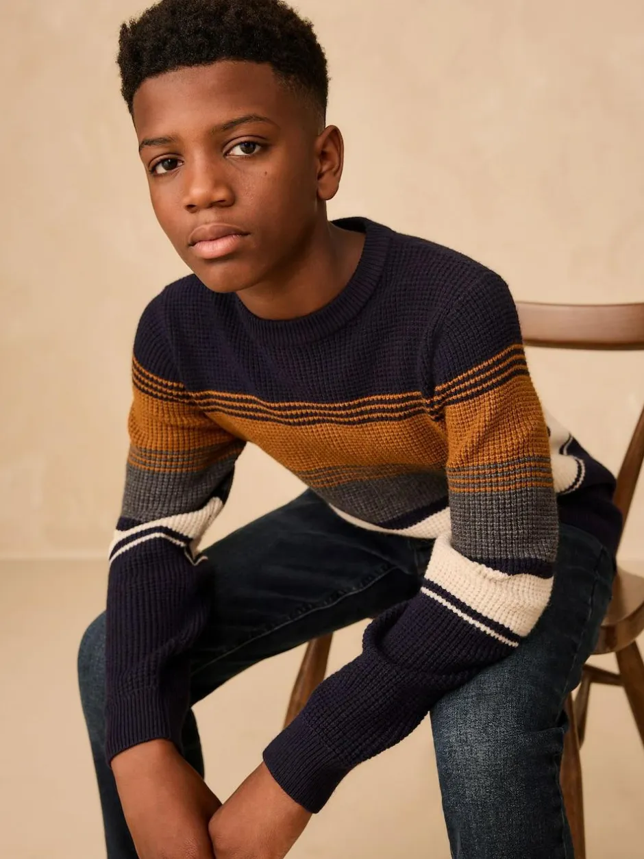 Next Colourblock Stripe Crew Neck Knitted Jumper (3-16yrs) Navy Blue Hot