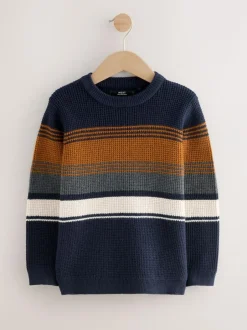 Next Colourblock Stripe Crew Neck Knitted Jumper (3-16yrs) Navy Blue Hot