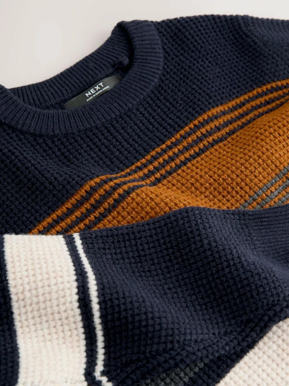 Next Colourblock Stripe Crew Neck Knitted Jumper (3-16yrs) Navy Blue Hot