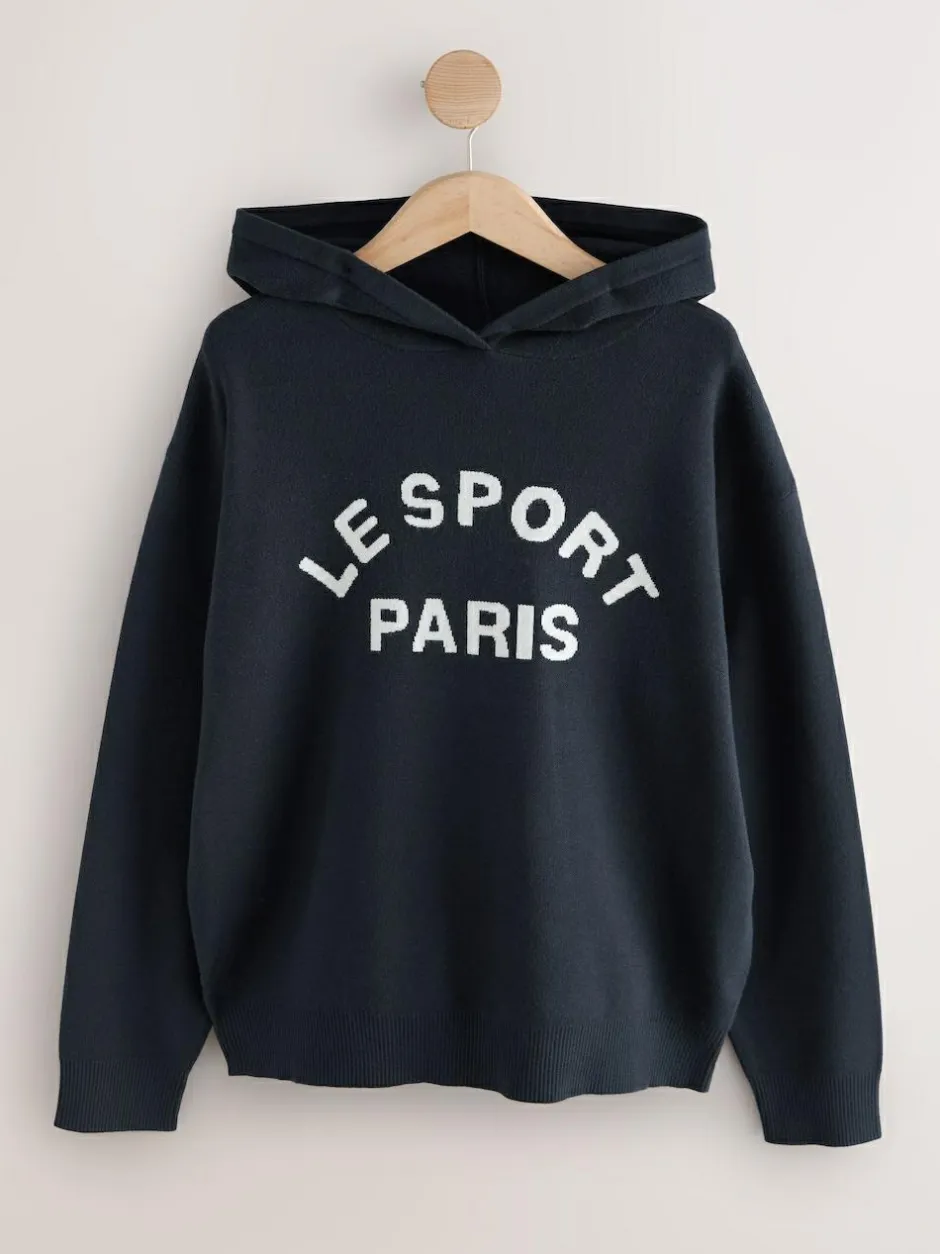 Next Compact Cosy Graphic Long Sleeve Hoodie Navy Blue Sale