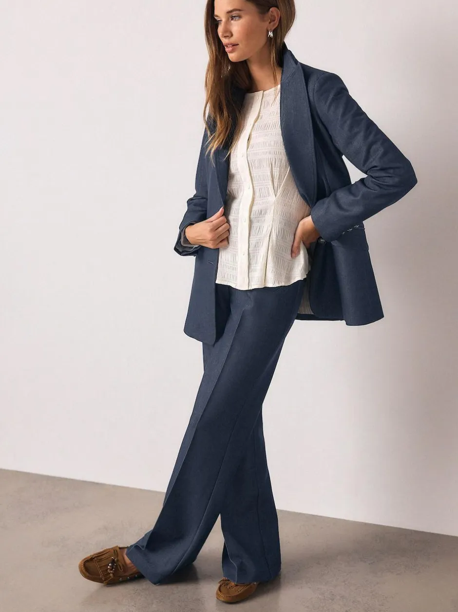 Next Navy Blue Denim Look Fitted Single Breasted Blazer Best