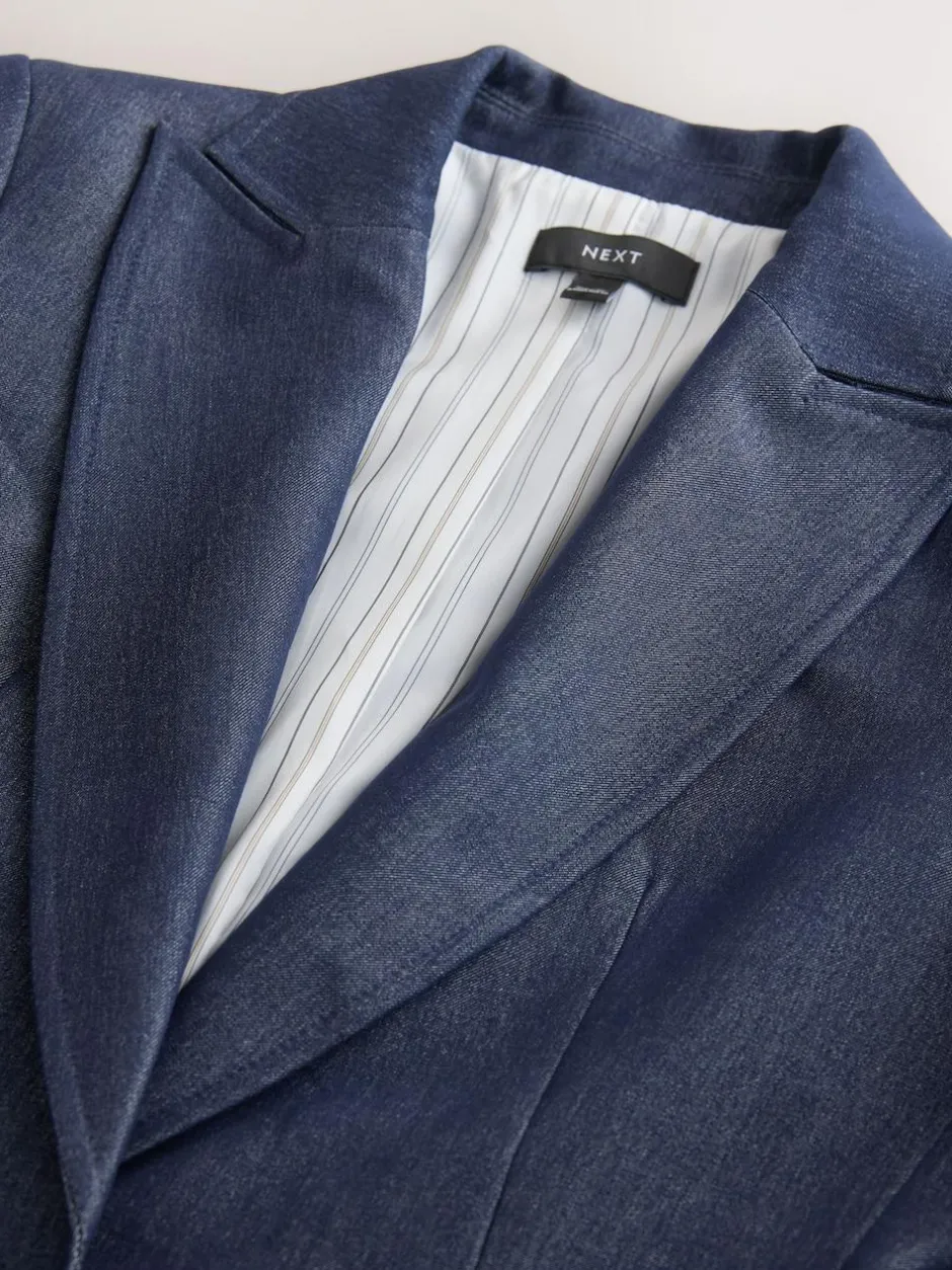 Next Navy Blue Denim Look Fitted Single Breasted Blazer Best