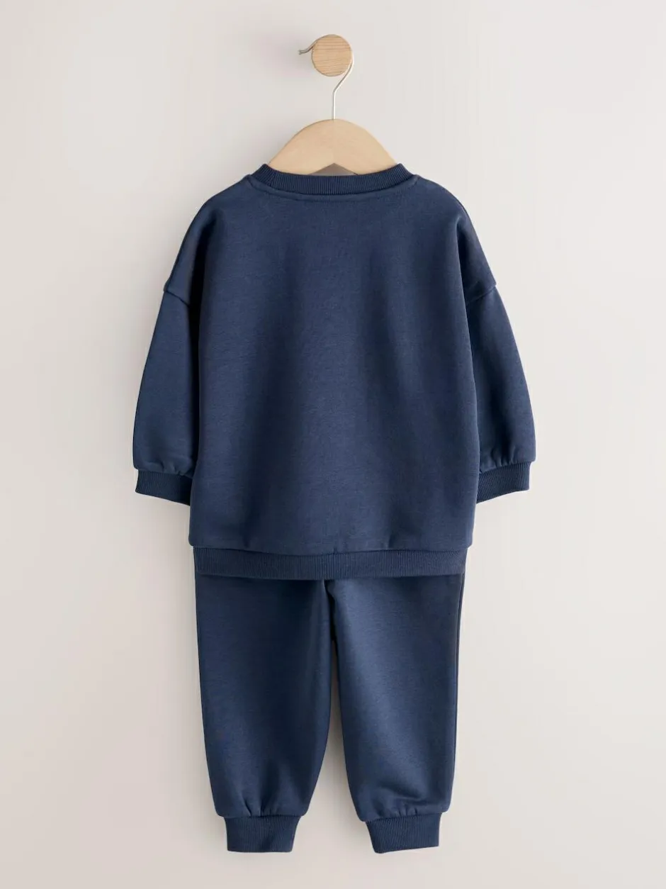 Next Single Printed Crew Neck Sweat Top & Joggers Set (3mths-7yrs) Navy Blue Digger Outlet