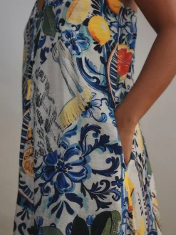 Next Fruit Print Volume Maxi Dress Navy Blue Floral Hot