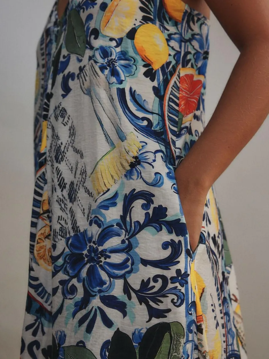 Next Fruit Print Volume Maxi Dress Navy Blue Floral Hot