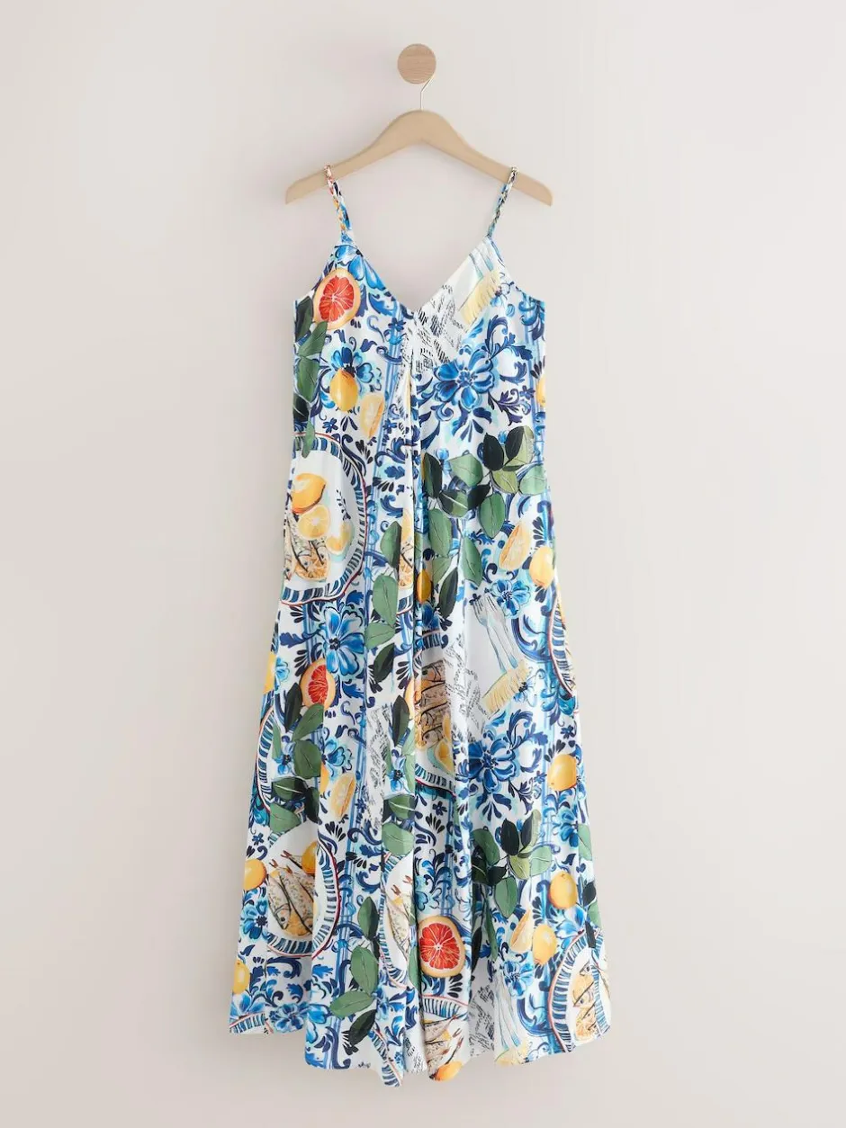 Next Fruit Print Volume Maxi Dress Navy Blue Floral Hot
