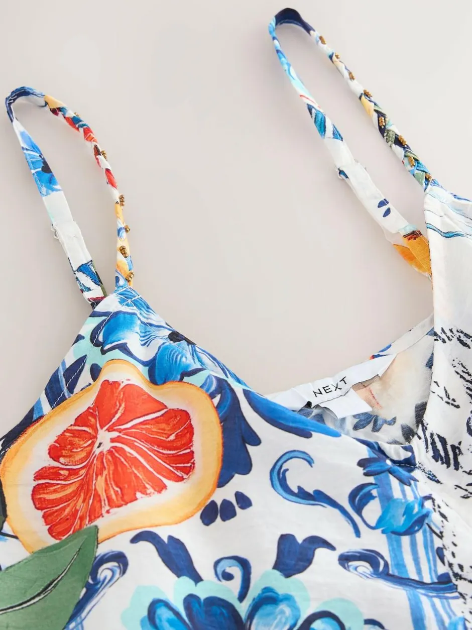 Next Fruit Print Volume Maxi Dress Navy Blue Floral Hot