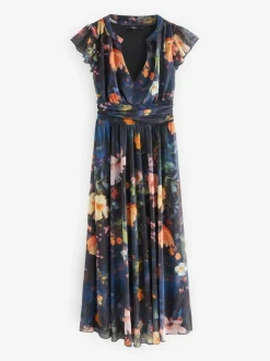 Next Pleated Mesh Print V-Neck Occasion Maxi Dress Navy Blue Floral Discount