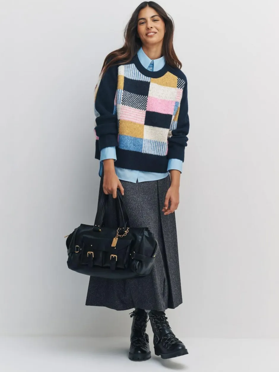 Next Navy Blue Multi Patched Crew Neck Knitted Jumper with Wool