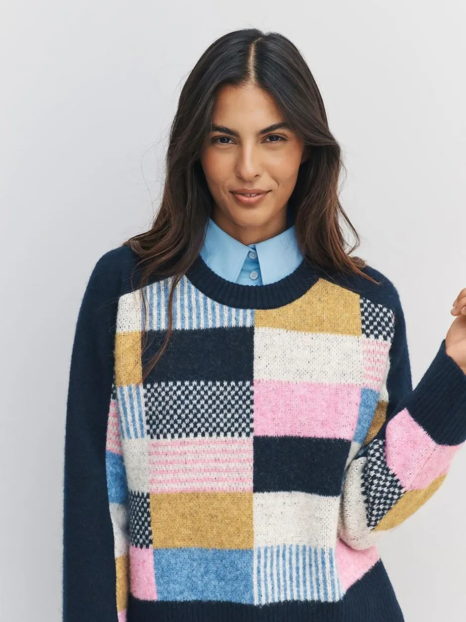 Next Navy Blue Multi Patched Crew Neck Knitted Jumper with Wool