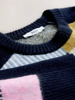 Next Navy Blue Multi Patched Crew Neck Knitted Jumper with Wool