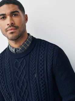 Next Navy Blue Regular Fit Aran Cable Mock Shirt Jumper Best