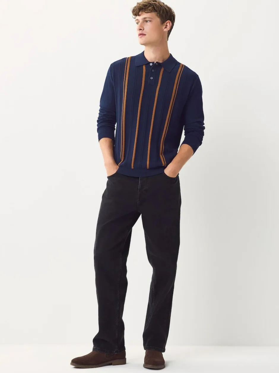 Next Regular Fit Cotton Rich Long Sleeve Stripe Knit Polo Shirt Navy Blue New