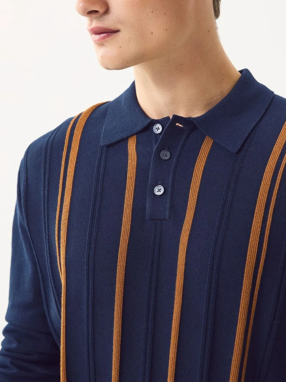 Next Regular Fit Cotton Rich Long Sleeve Stripe Knit Polo Shirt Navy Blue New