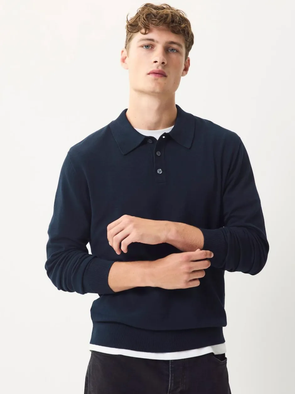 Next Navy Blue Regular Fit Cotton Rich Long Sleeve Knitted Polo Shirt Best