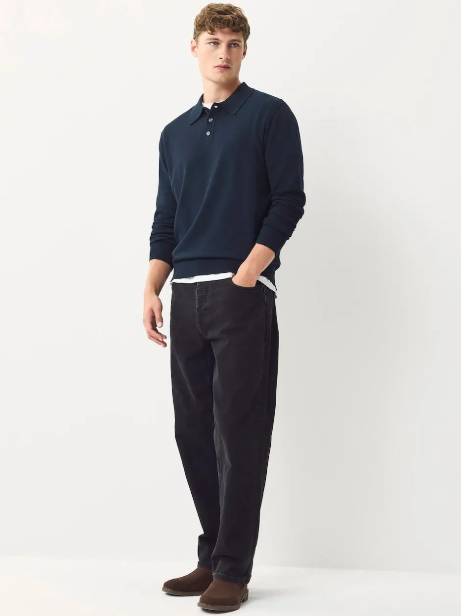 Next Navy Blue Regular Fit Cotton Rich Long Sleeve Knitted Polo Shirt Best
