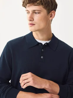 Next Navy Blue Regular Fit Cotton Rich Long Sleeve Knitted Polo Shirt Best