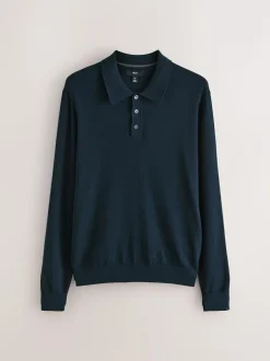 Next Navy Blue Regular Fit Cotton Rich Long Sleeve Knitted Polo Shirt Best