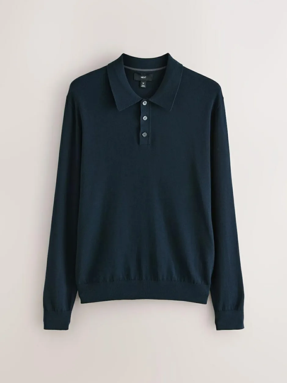 Next Navy Blue Regular Fit Cotton Rich Long Sleeve Knitted Polo Shirt Best