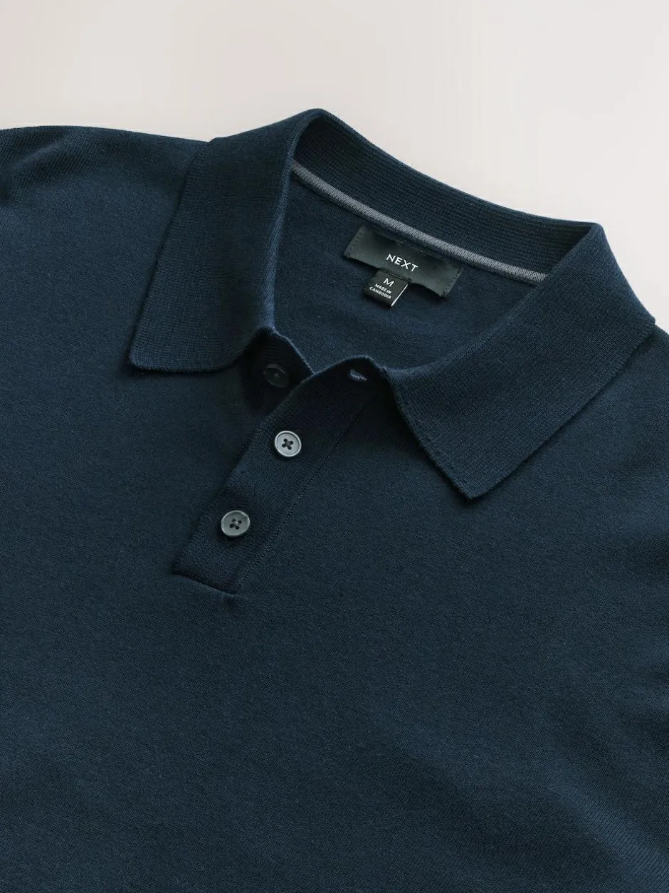 Next Navy Blue Regular Fit Cotton Rich Long Sleeve Knitted Polo Shirt Best